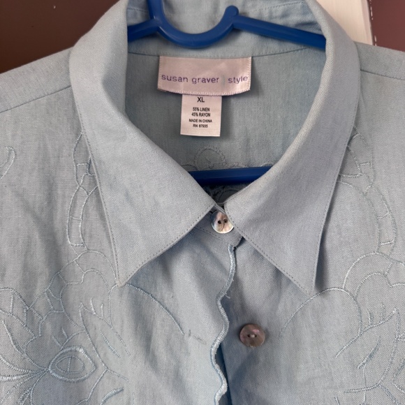 Susan Graver linen blend Blazer light blue cottagecore cutout eyelet embroidery - Picture 2 of 12